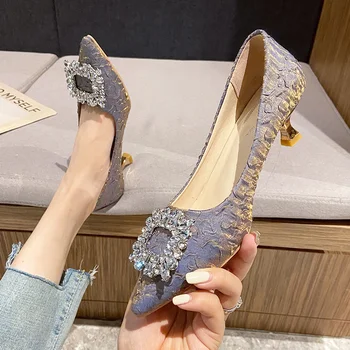 Дамски обувки Френски момиче високи токчета 2022 велур нов кристал ключалката женствени посочи стилет нетни единични обувки токчета жени
