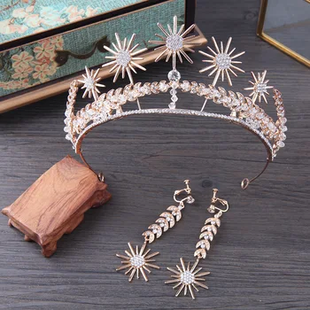 Дамски слънчогледов кристал корона и обица комплект сватбено тържество тиара