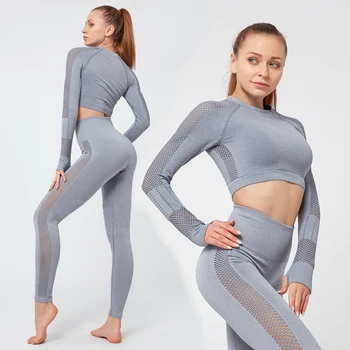 Дамски спортни облекла Йога комплект тренировка дрехи атлетичен износване спортна фитнес гамаши безшевни фитнес изрязване отгоре дълъг ръкав йога костюм