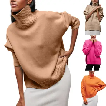 Дамски твърди върхове уютен висок яка дамски пуловер за есен зима дебел топъл мек пуловер с защита на врата дълъг ръкав