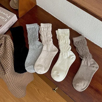 Дамски чорапи есен зима прост случайни купчина хлабав обрат чорапи за момичета дишаща средна тръба памук меки пухкави чорапи