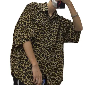 двойка риза шик ретро животински леопард модел риза тънък ретро риза леопард печат лято мъжка риза улично облекло