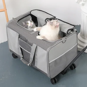 Двойно отделение за домашни любимци с подвижни колела за котка / куче дишаща количка за домашни любимци чанта