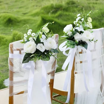 Декорация на сватбени столове Рустик пътека изкуствени цветя с копринени рози панделка лък и зелени листа тюл за церемония декор