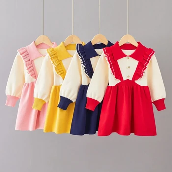 Детска бебешка есенна пуловер рокля Деца обръщат яка рокли за момичета Пачуърк рокля Детски есенни тоалети принцеса рокля 6