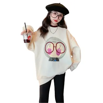 Детски суитчър за момичета Зима плюс кадифе топли дрехи сладък карикатура модел пуловер хлабав топ деца корейски суичъри