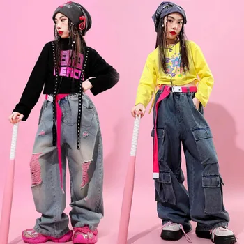Детски хип-хоп облекло Изрязване на суичър Върхове Дънки за улично облекло Джогъри Панталони за момичета Джаз танцови костюми Тийнейджърка Показване на дрехи