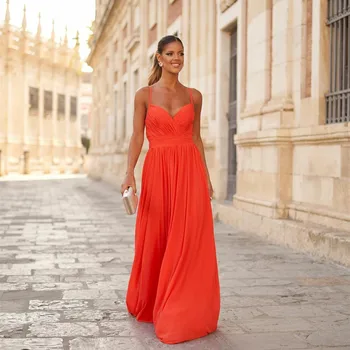 Дълги вечерни рокли с V-образно деколте от червен шифон Елегантни спагети A-Line плисирана дължина на пода Vestidos de Noche абитуриентски рокли за жени