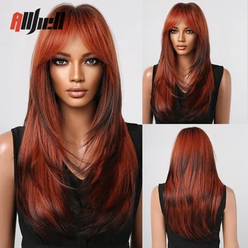 Дълги прави червени кафяви пластове синтетични перуки Ombre медни джинджифилови перуки с бретон за жени Cosplay естествена коса топлоустойчива