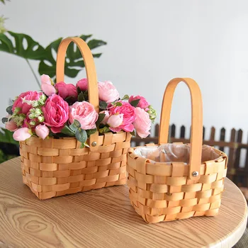 Дървен преносим цветен кош градина цвете подреждане кошница слама ратан кошница преносими тъкани декоративни бамбук декорация