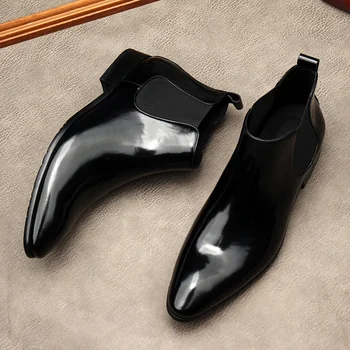 елегантен черен лачен мъжки Челси ботуши луксозни ръчно изработени заострени пръсти британски стил нов естествена кожа бизнес обувки мъж