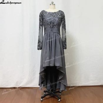 Елегантна майка на булката рокли Асиметричен въглен сив дантелен шифон с дълъг ръкав vestido mae da noiva