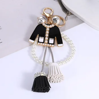 Елегантни бижута имитация перлена верига пискюл черен бял ключодържател кола притежателя чанта висулка аксесоари за жени момиче ключодържател подарък