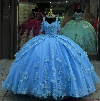 Елегантни сини кинсенара рокли от рамо 2024 Апликация Сладка 16 Абитуриентска рокля Vestidos de 15 Años Quinceañeras
