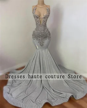 Елегантни сребърни мъниста русалка абитуриентски рокли 2024 за черни момичета Луксозна кристална рокля за рожден ден Вечерна рокля Robe De Soirée