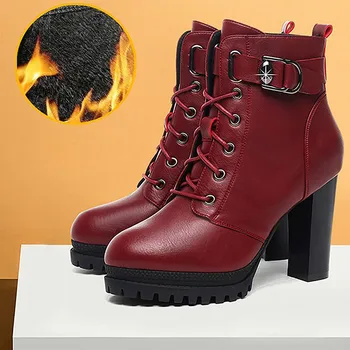 Есен Дамски обувки платформа нови плюс кадифе буци петата токчета глезена ботуши за жени зимата запази топло дами къси ботуши