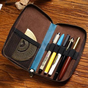 Естествена кожа писалка чанта за съхранение реколта телешка писалка чанта с цип голям капацитет молив и писалка кутия за съхранение
