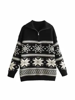 Жените нова мода ревера цип декорация хлабав отпечатани случайни трикотажни пуловер реколта дълъг ръкав женски пуловери шик върховете