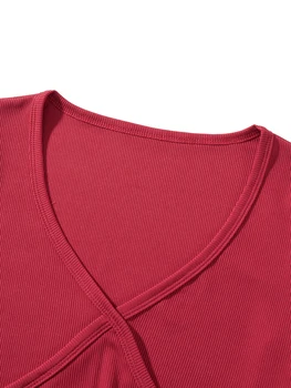 Жените оребрена риза гръндж дълъг ръкав плътен цвят тънък годни чай 90s V врата ниско нарязани T риза