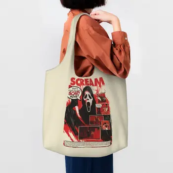 За многократна употреба Хелоуин призрак убиец крещи пазарска чанта жени рамо платно голяма пазарска чанта миещи се хранителни стоки купувач чанти чанта