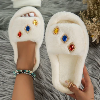 Зима Нови жени Кожени чехли Обувки Начало Плътен цвят Спалня Всекидневна Мода Простота Изкуствена кожа Топли плоски чехли