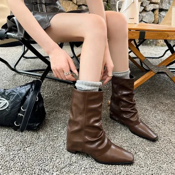 Зимна жена Mid Calf Boot Fashion Slip On Square Heel Botas Ladies Street Style Trouser Short Booties