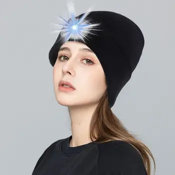 Зимна топла шапка с LED светлина мека висока еластична ветроупорна удебелена плътен цвят плетена шапка шапки разтеглива плетена Beani