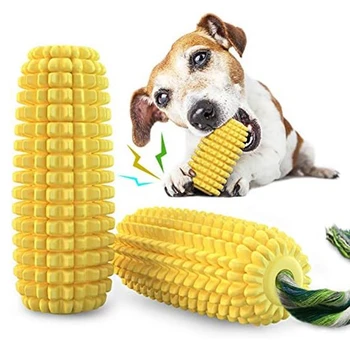 Играчки за дъвчене на кучета, неразрушими здрави трайни скърцащи интерактивни играчки за кучета, кучешки зъби дъвчете царевична пръчка играчка трайно жълто