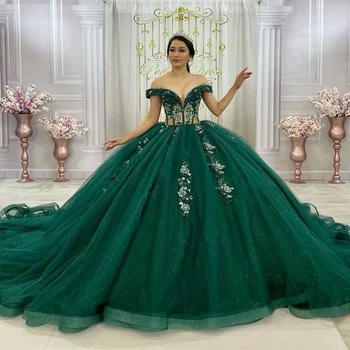 Изумрудено зелено Quinceanera рокли 2024 топка рокли сладки 16 принцеса апликирани мъниста парти дипломиране рокли vestido de 15 anos