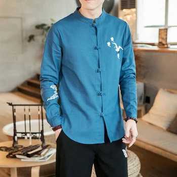 китайски стил мъжки бельо върховете кран бродерия случайни голям размер дълъг ръкав риза ретро Tang традиционно китайско облекло