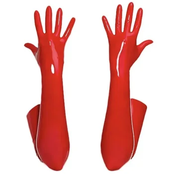 Класически възрастен черен червен /лакът/китка участък лъскава кожа пръст дълги ръкавици жени Wetlook латексови ръкавици съвпадение костюм