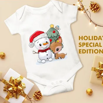 Коледа лосове новородено бебе бял къс ръкав гащеризон карикатура снежен човек печат облекло бебе кръщение боди дрехи Коледа подарък
