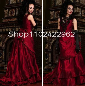 Копринена тафта готически викторианска суматоха Абитуриентски рокли Вампирски косплей костюм топка рокля дантела нагоре корсет Hallowen вечерна рокля