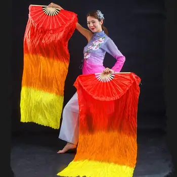 Коремни танци практика копринени фенове, дълги имитации танцови реквизити с красиви градиентни цветове на дъгата за танцьорски изпълнения 150cm