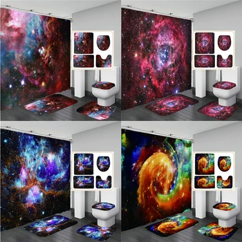 Космическо звездно небе Комплект завеси за баня Universe Galaxy Space Душ завеса Комплект за баня Килими Тоалетна Капак Начало Декор