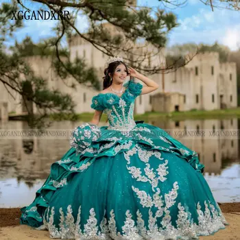 Красиви зелени рокли Quinceanrea 2024 Златна дантела апликация пайети мексикански слоеве топка рокля бала сладък 15 16 принцеса парти рокля