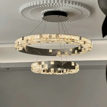 Кръгъл черен луксозен кристален полилей за хол Модерен творчески дизайн Висяща лампа Led Home Decor Осветление за спалня