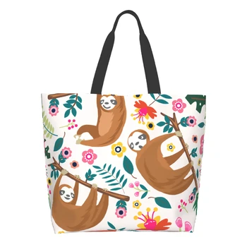 Ленивец и флорални пазарска чанта за многократна употреба смешно ленивец голяма пазарска чанта животински рамо чанта случайни лек голям капацитет