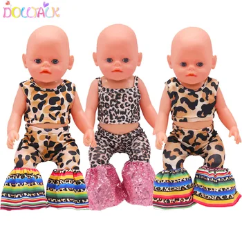 Леопард кукла дрехи тениска + панталони дрехи комплект за американски 18 инчов момиче кукла лък обувки облекло звънец дъна за 43 см бебешки кукли