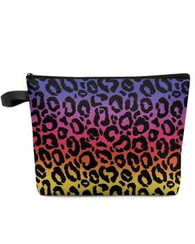 леопард печат дъга цветове голям капацитет пътуване козметична чанта преносим грим съхранение торбичка жени водоустойчив молив случай