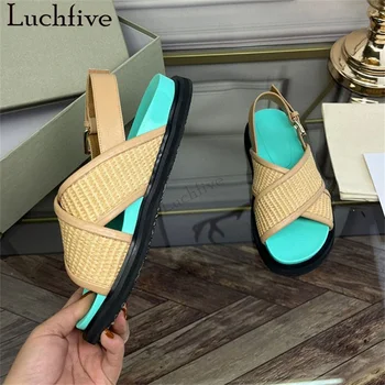 Летни ежедневни плажни плоски сандали за жени многоцветни кръгли пръсти дебело дъно Рим сандали нови горещи продажба луксозна марка обувки жена