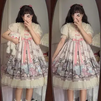 Лолита Японска сладка рокля Kawaii Bow Pure Pink Sweetheart Френска квадратна врата бутер ръкави Чаено парти принцеса рокля