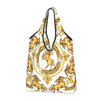 Луксозни златни коне Европейски флорални хранителни стоки Пазарски чанти жени сладък рамо купувач чанта голям капацитет чанти