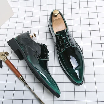 Луксозно огледало Oxfords обувки за мъже зелени мокасини дизайнер официална рокля обувки мъже мокасини посочи лачена кожа обувки мъже