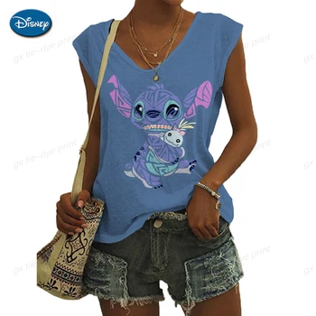 Лято Disney Stitch печат потници жени секси без ръкави каишка Camis T риза дами карикатура парти клуб жилетка Top Streetwear