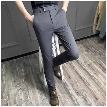 Лято Нови стреч панталони Мъже Ластик Бизнес мода Направо Класически плътен цвят Тънък черен случаен панталон Мъжки C30