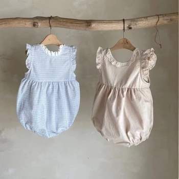 Лято Новородени бебешки дрехи Бебета момичета дантела яка без ръкави без гръб боди памук малко дете летящ ръкав принцеса Onesie