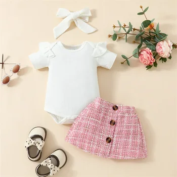 Малко дете бебе момиче летни дрехи къдри къс ръкав ританки карирана печат бутон пола лента за глава новородено момиче облекло