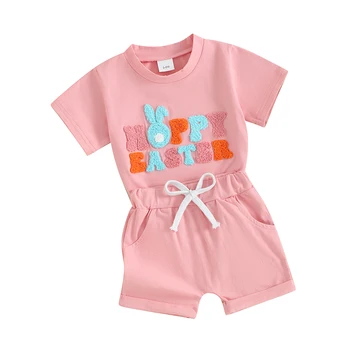 Малко дете бебе момче момиче Великден облекло летни дрехи къс ръкав тениска зайче печат топ комплект ластик шорти