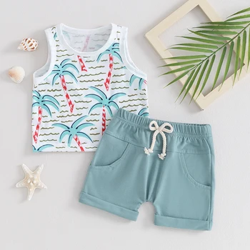 Малко дете бебе момче потник комплект лято тропически без ръкави T риза твърди шорти екипировки 2Pcs плажни дрехи